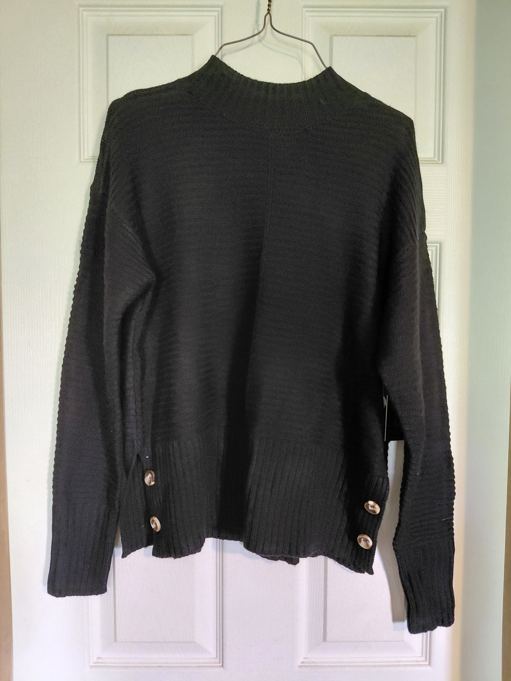 kathy ireland Black Ribbed Sweater with Hem Buttons